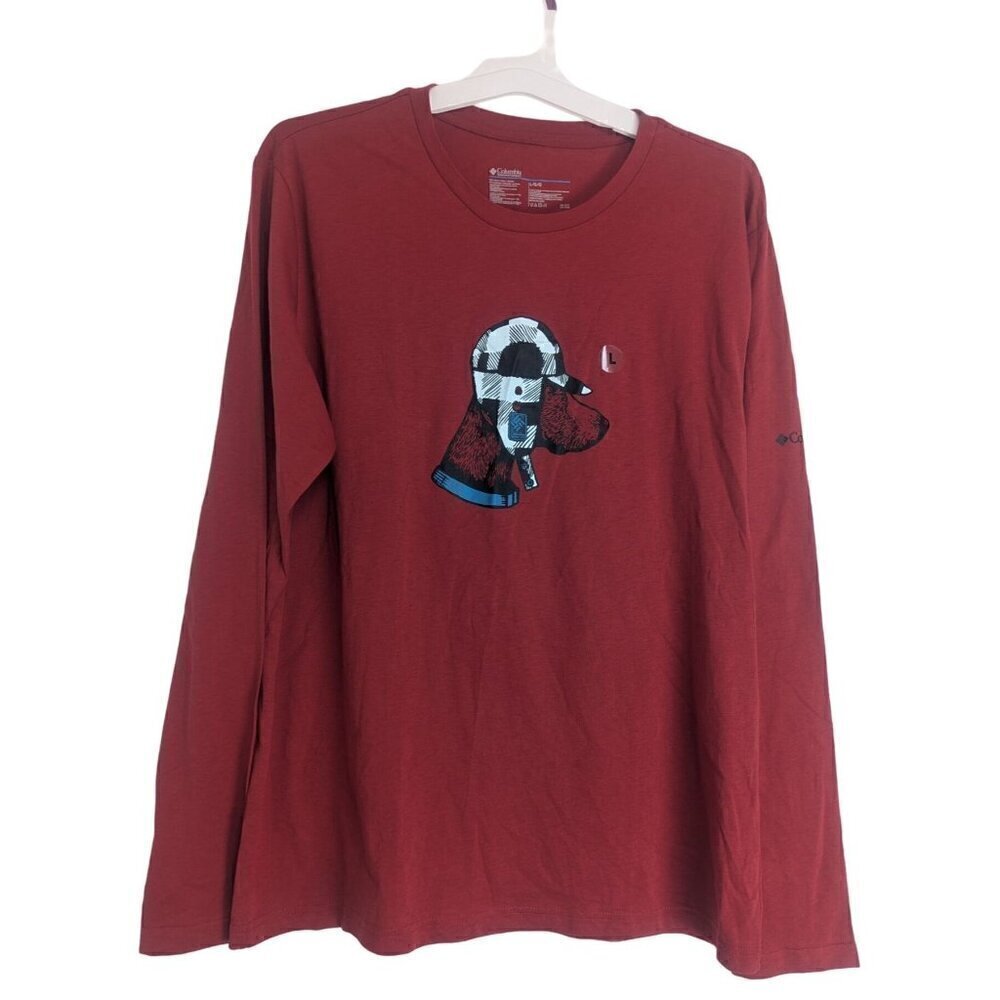 Columbia Men's Dog Wearing Winter Hat Graphic Long Sleeve Shirt Red Size Large